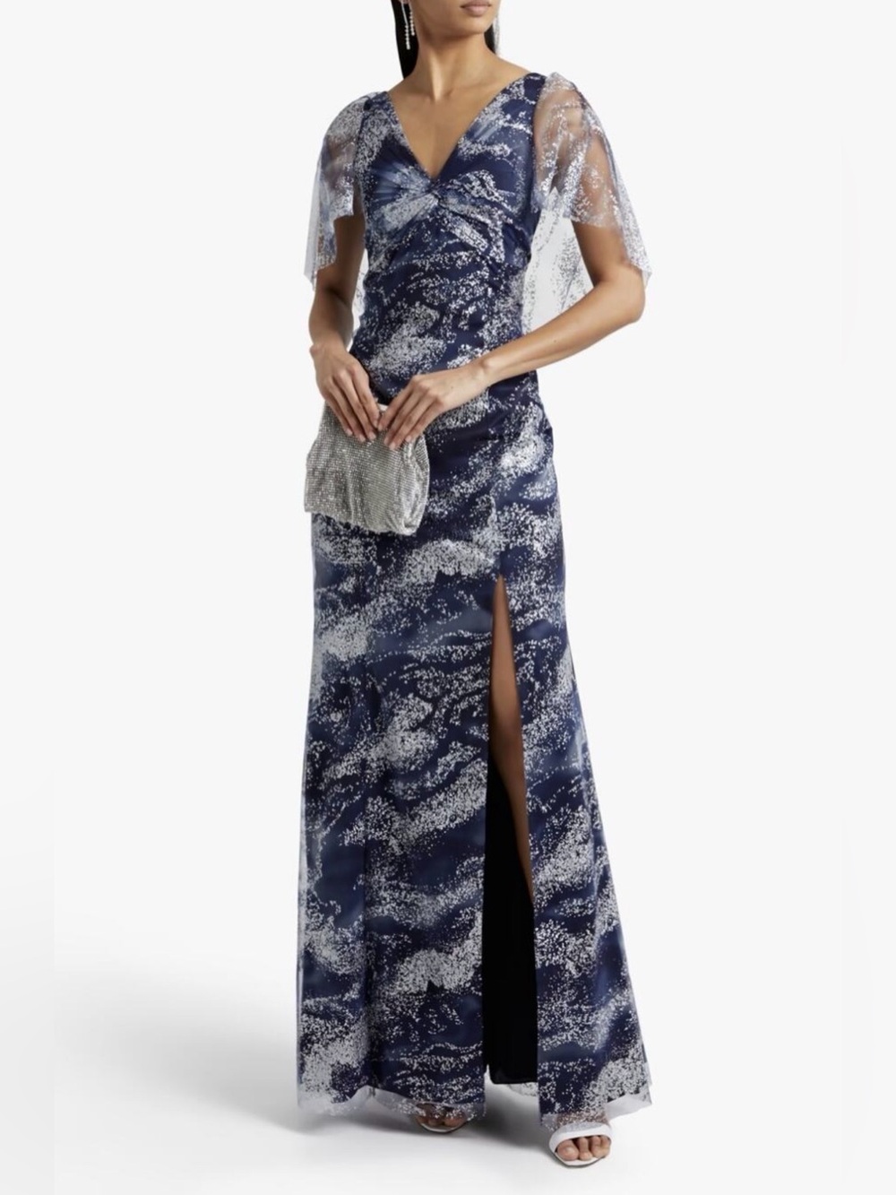MARCHESA NOTTE Glitter Tulle Cape-Sleeve Side-Slit Gown in Navy/Silver, Size 6